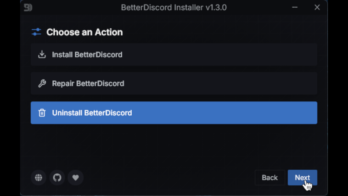 BetterDiscordアンインストール選択